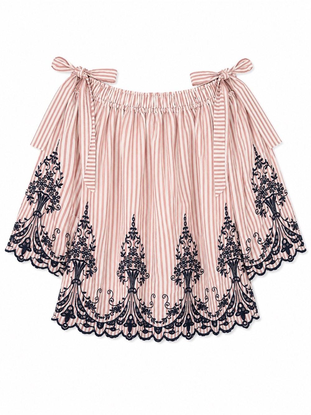 Main Strip Pink Striped Off-Shoulder Top with Navy Embroidery